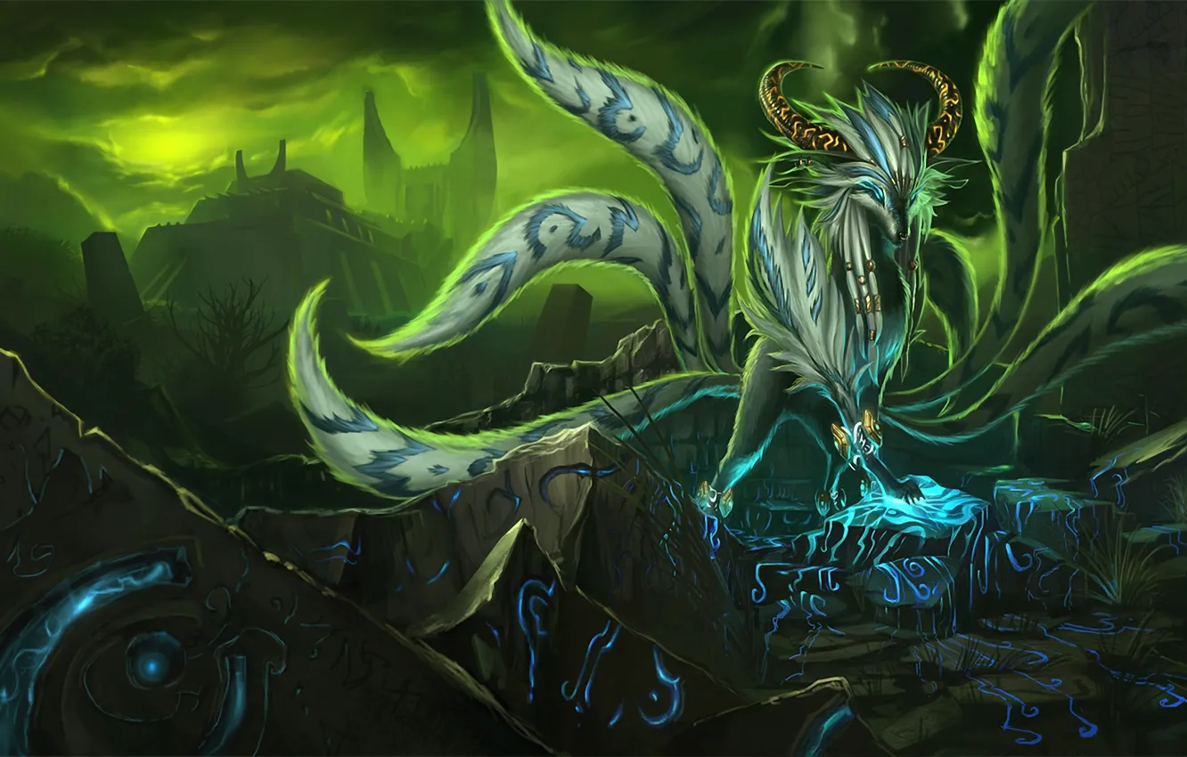 Photo wallpaper animal, magic, dog, art, tail, symbol, horns, temple