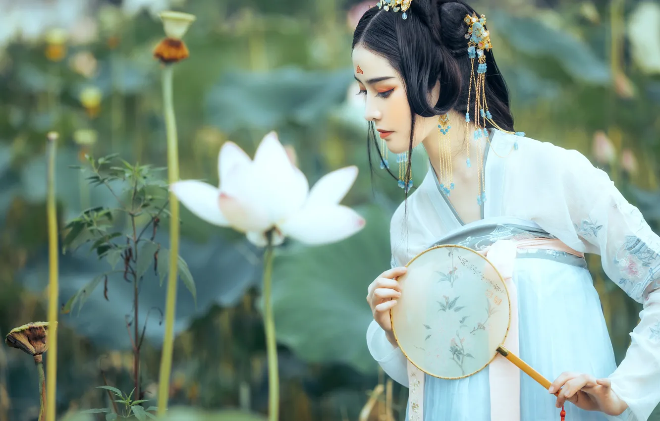 Photo wallpaper white, leaves, girl, flowers, nature, face, pose, style