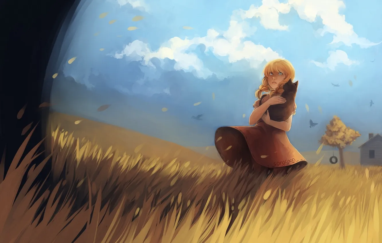 Photo wallpaper field, cat, leaves, girl, clouds, trees, the wind, home