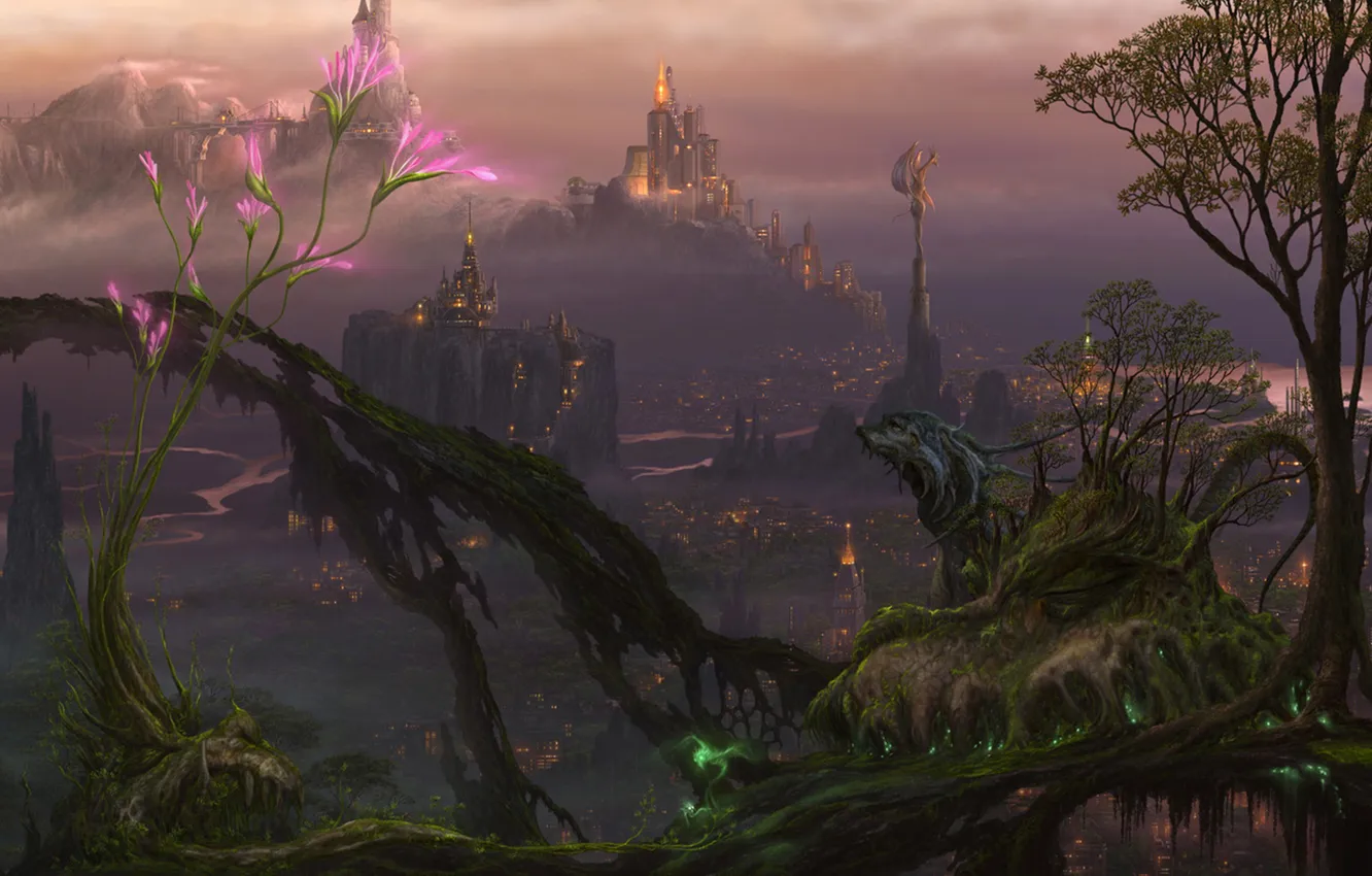 Photo wallpaper trees, flowers, the city, lights, magic, being, art, ucchiey