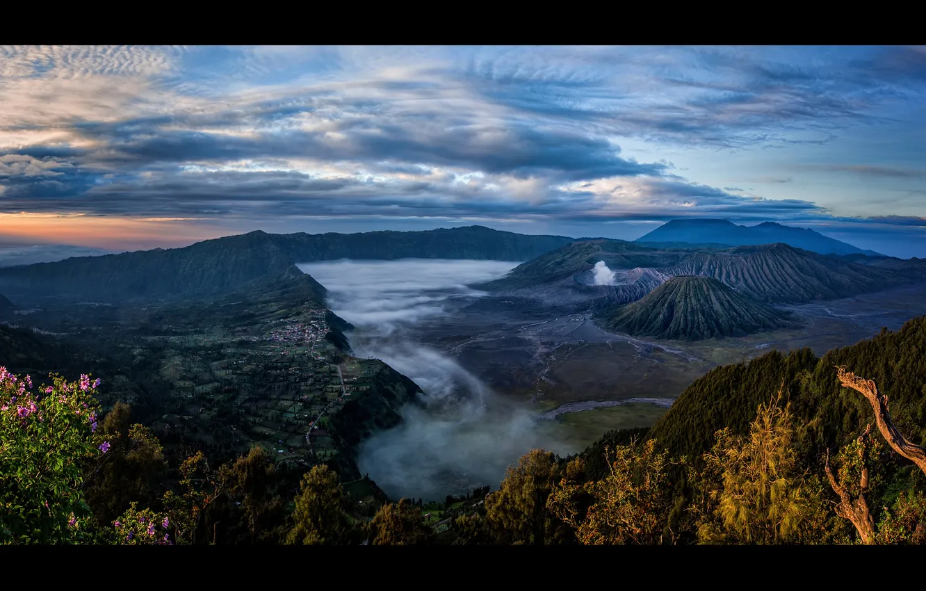 Photo wallpaper the sky, clouds, fog, Indonesia, Java, Tengger, volcanic complex-the Caldera TenGer, active volcano Bromo