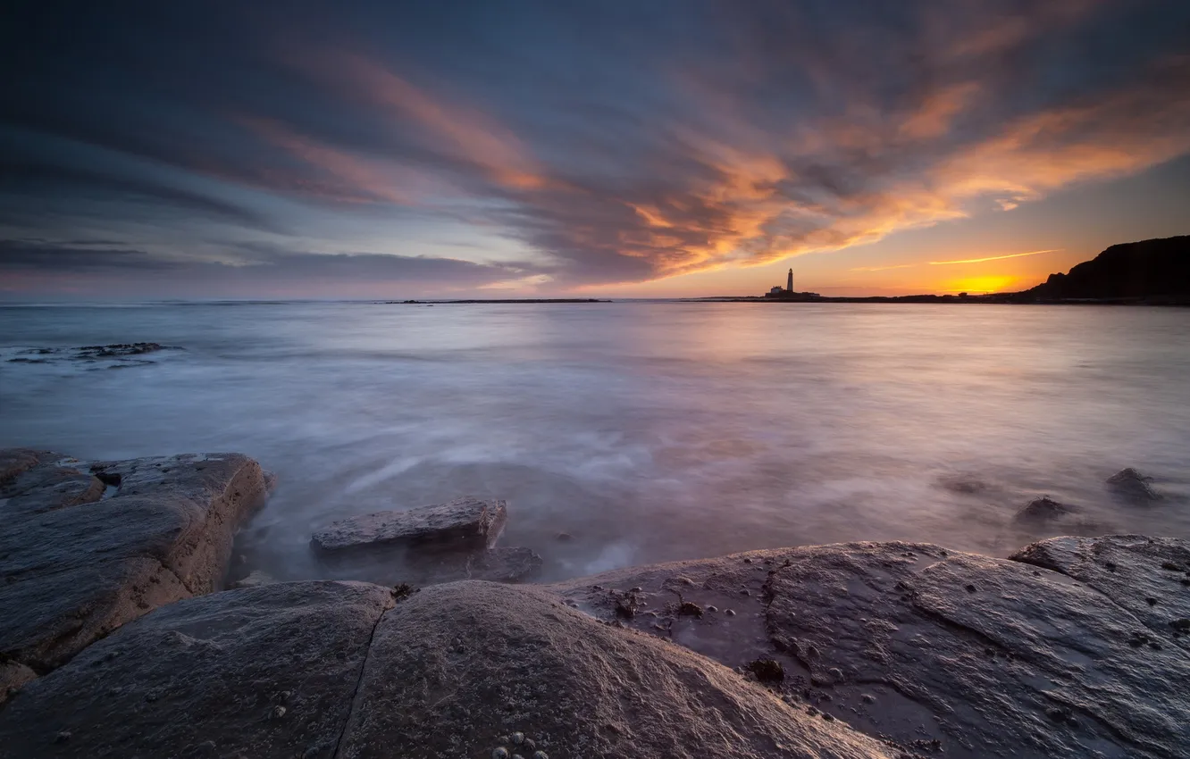 Photo wallpaper sea, landscape, sunset, lighthouse