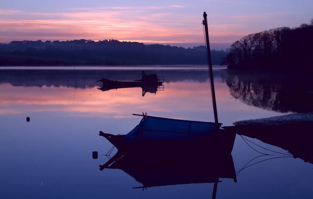 Photo wallpaper sunset, lake, boat