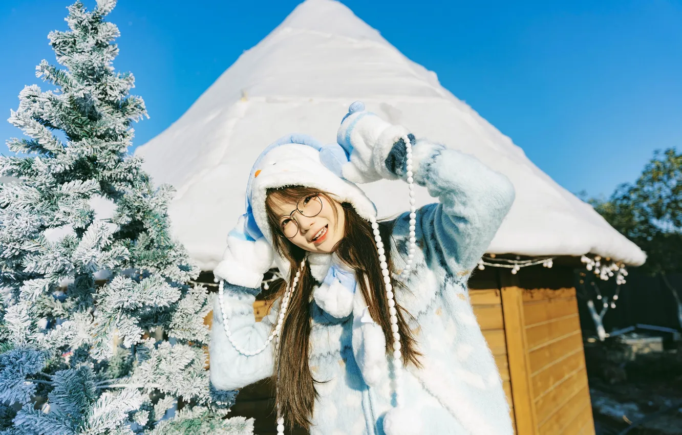 Photo wallpaper ice, sky, woman, smile, beautiful, snow, tree, model