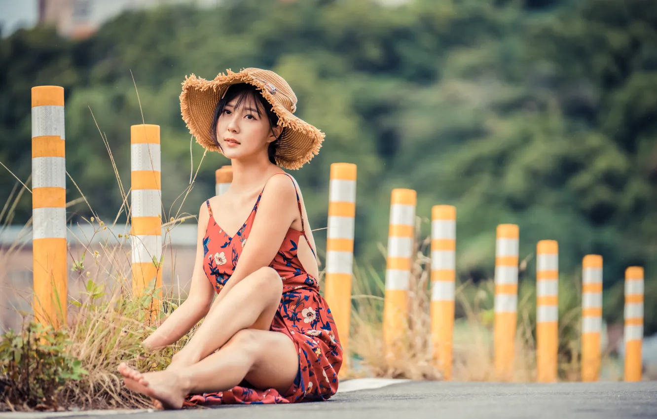 Photo wallpaper girl, hat, dress, legs, Asian, sitting, cutie, bokeh