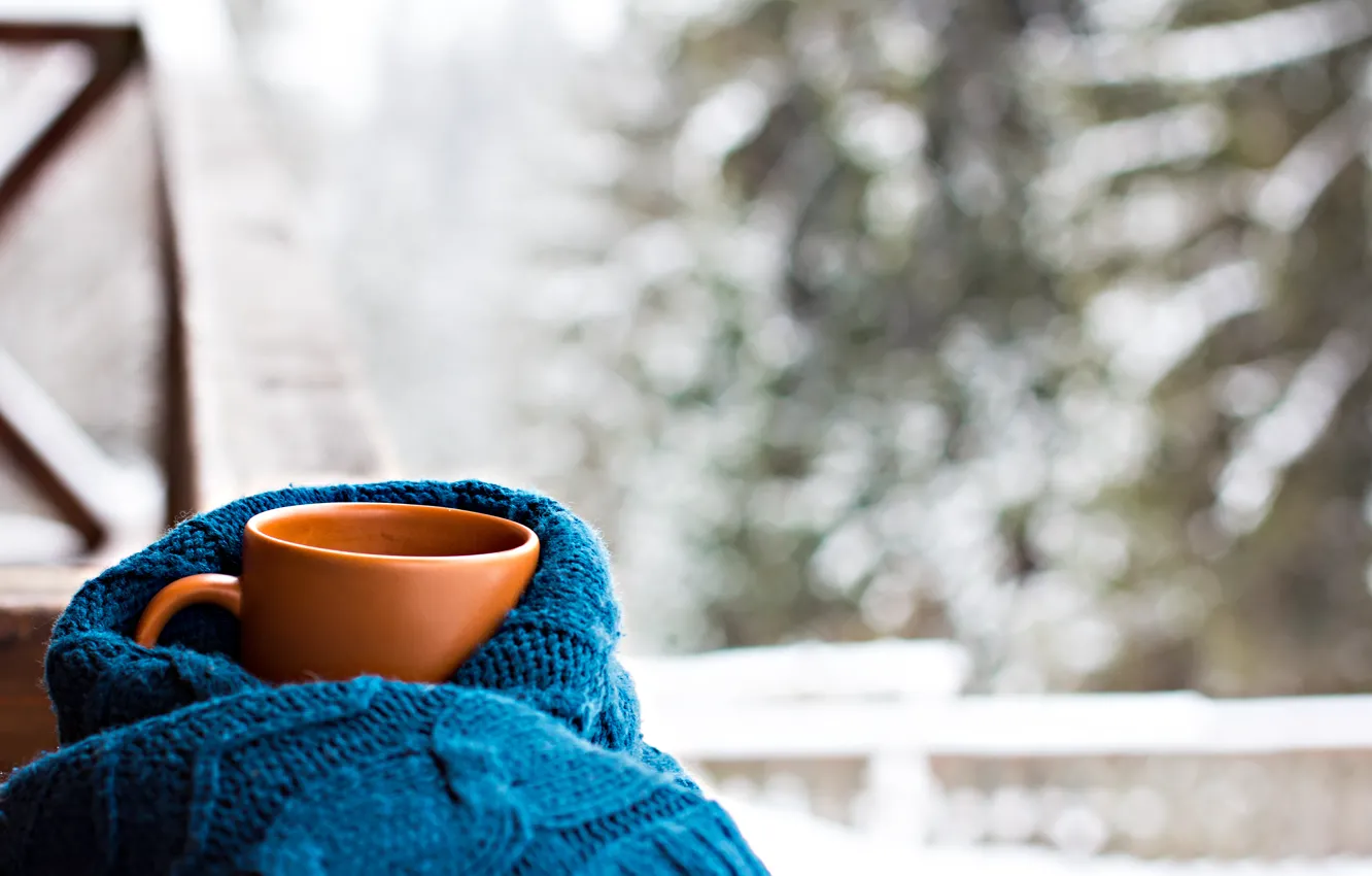 Photo wallpaper scarf, Cup, hot, winter, snow, cup, coffee