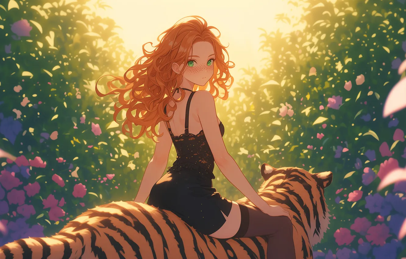 Photo wallpaper girl, flowers, tiger, red