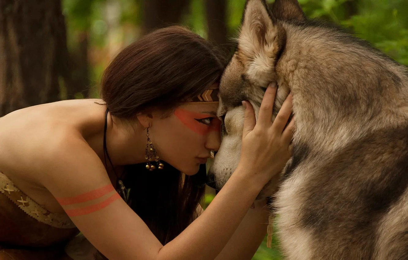 Photo wallpaper forest, look, girl, nature, wolf, necklace, friendship, shackle