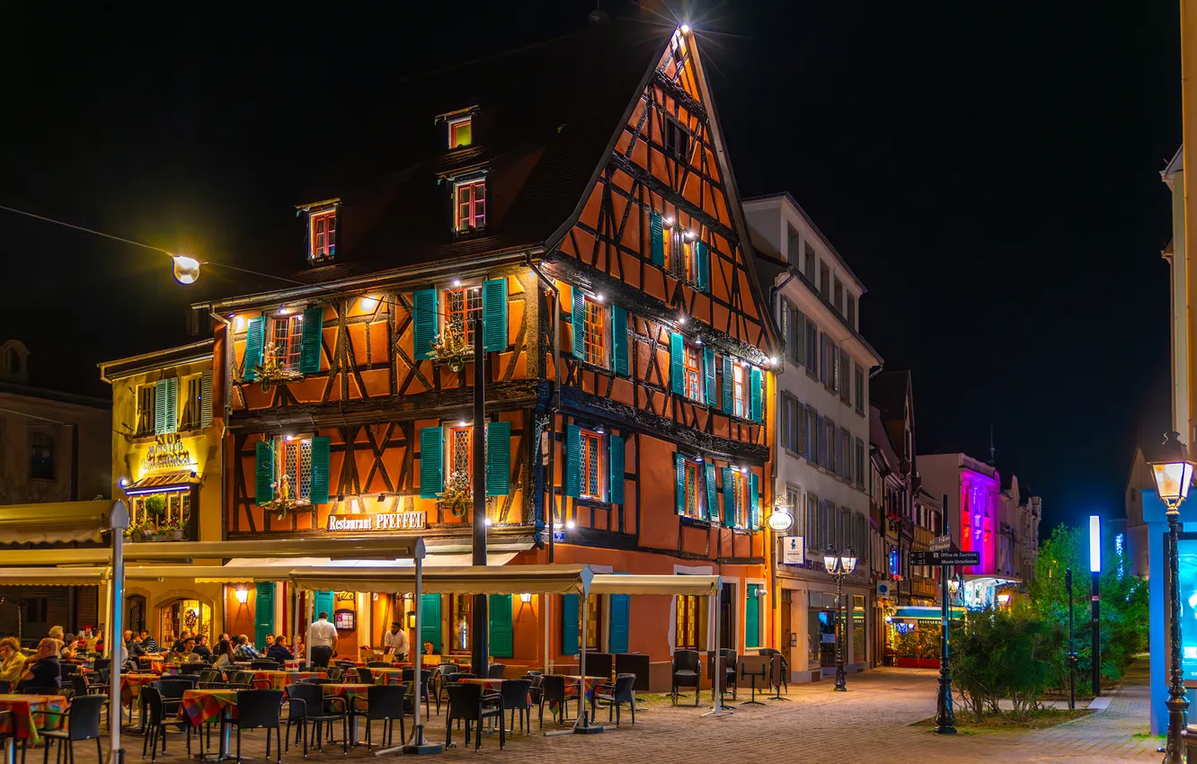 Photo wallpaper night, street, France, home, the evening, Colmar, Street lights