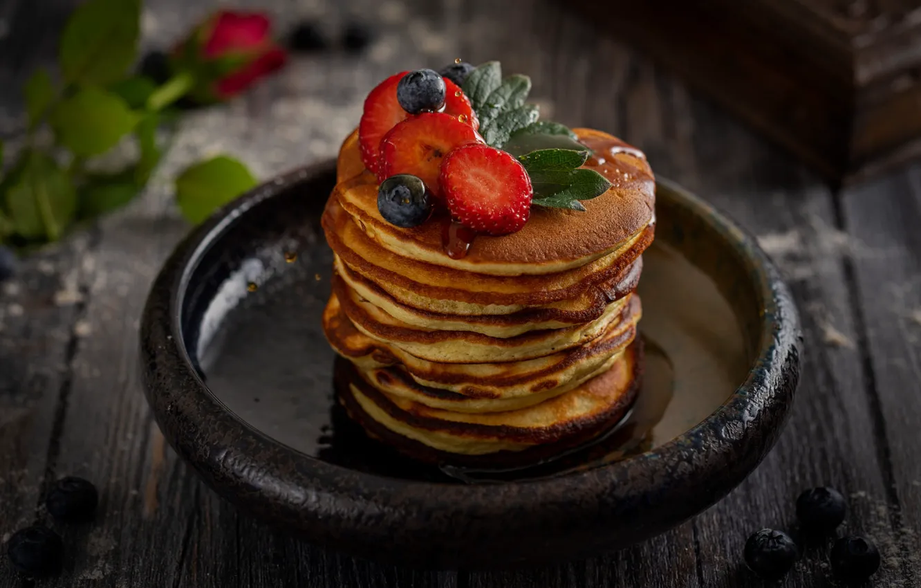 Photo wallpaper bowl, table, stack, cakes, submission, syrup, pancake, blueberries