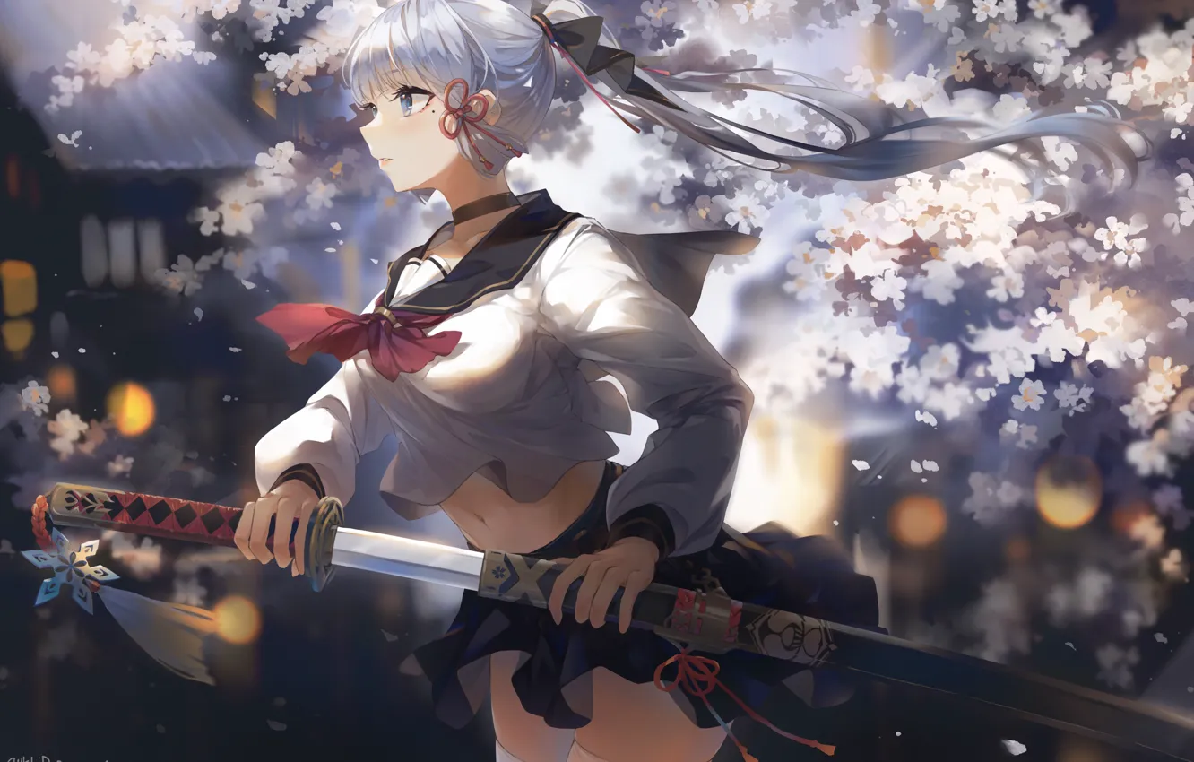 Photo wallpaper girl, flowers, sword, Sakura, form, Genshin Impact, Kamisato Ayaka