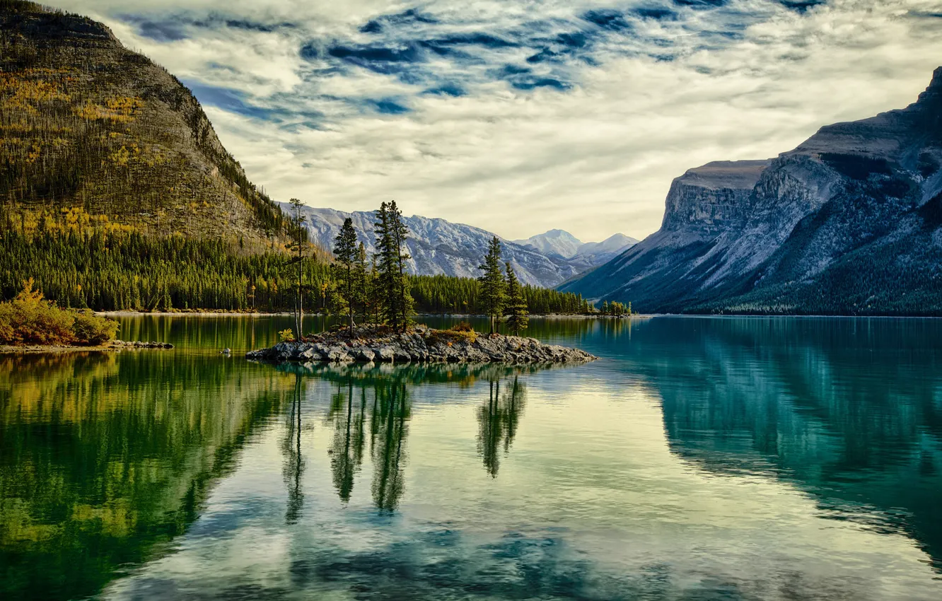 Photo wallpaper autumn, trees, landscape, mountains, lake, island, Canada, Albert