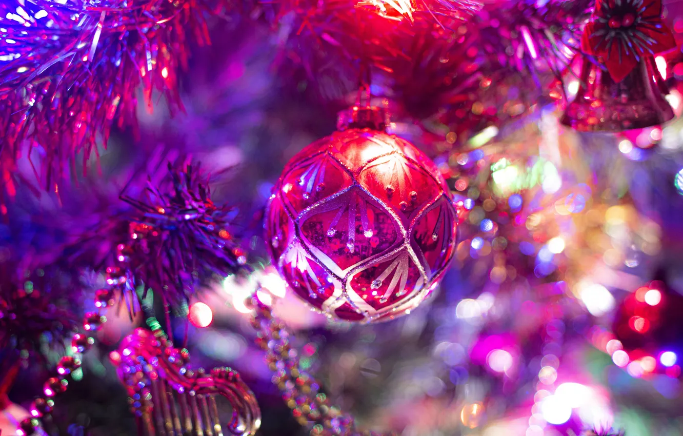 Photo wallpaper branches, lights, glare, lights, pink, holiday, Shine, ball