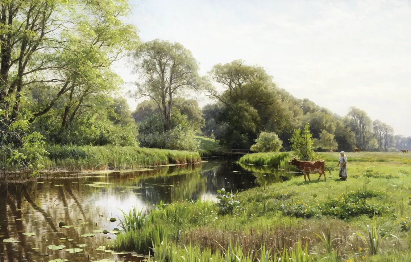 Photo wallpaper 1908, Danish painter, Peter Merk Of Menstad, Peder Mørk Mønsted, Danish realist painter, Grazing by …