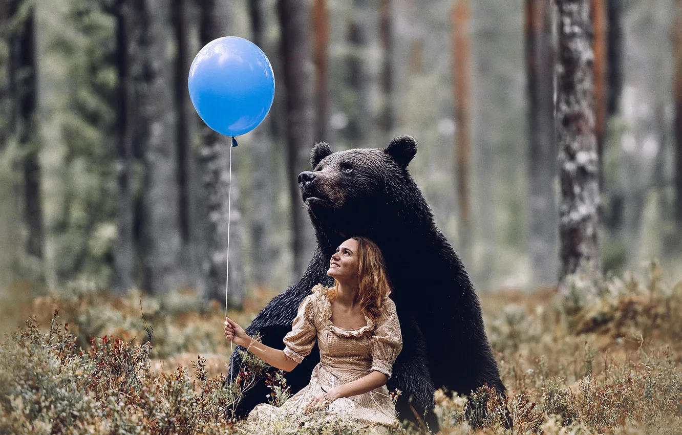 Photo wallpaper forest, look, girl, nature, pose, smile, each, blue