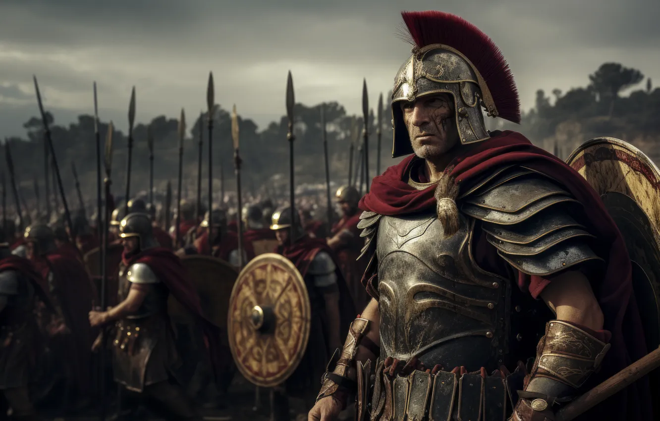 Photo wallpaper look, horse, warrior, helmet, male, the Romans, digital art, AI art