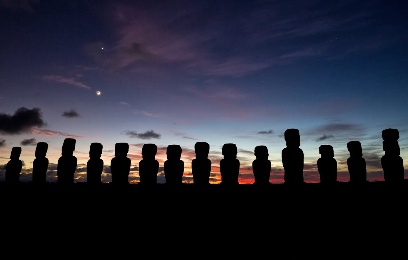 Photo wallpaper sunrise, Chile, Easter Island, Moai statues