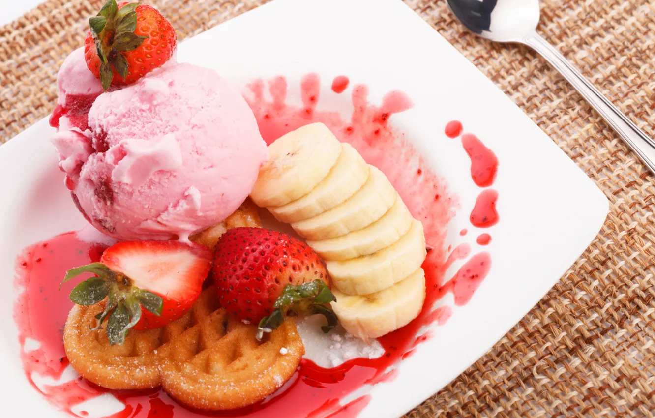 Photo wallpaper strawberry, ice cream, bananas, waffles