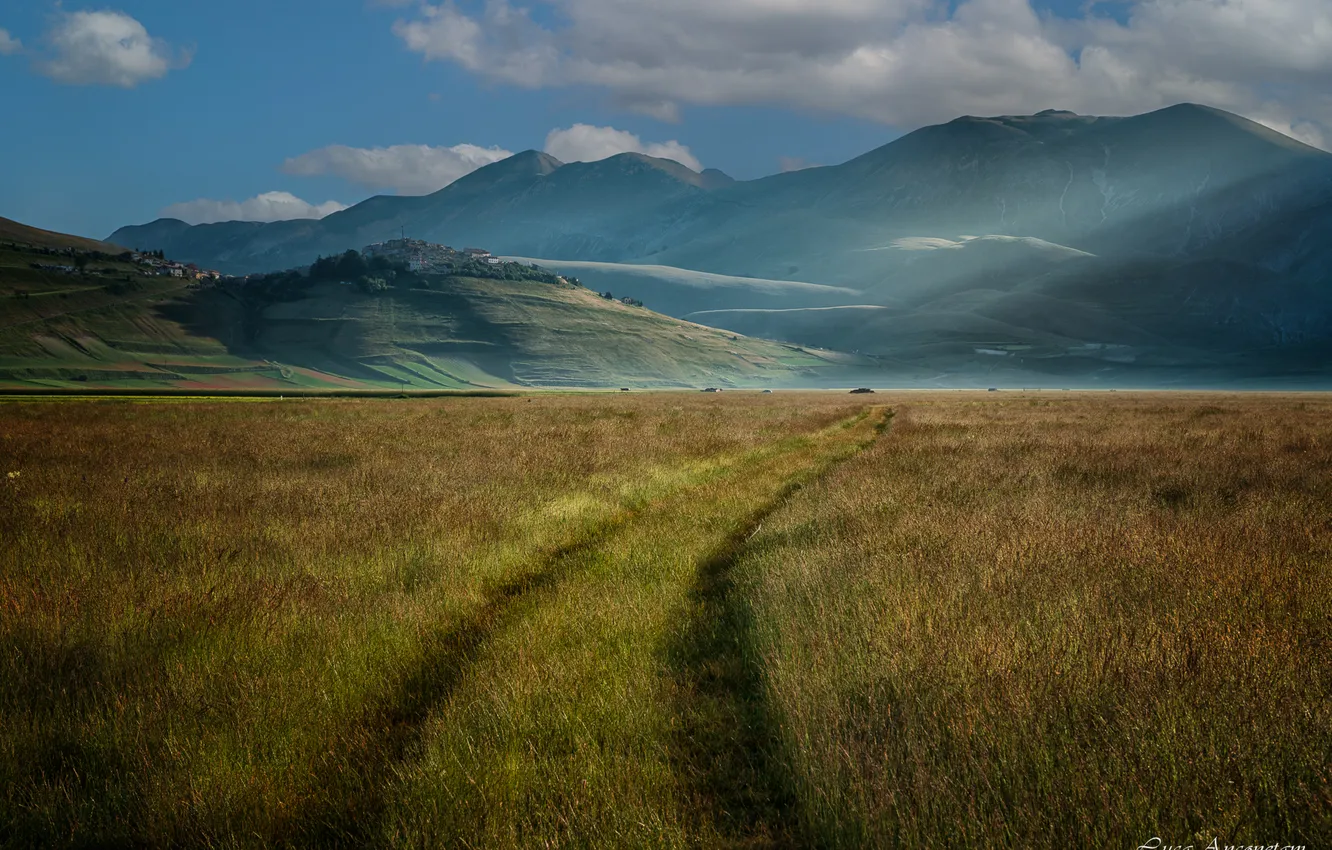 Photo wallpaper road, field, clouds, mountains, beauty, valley, horizon, Anconetani Luca