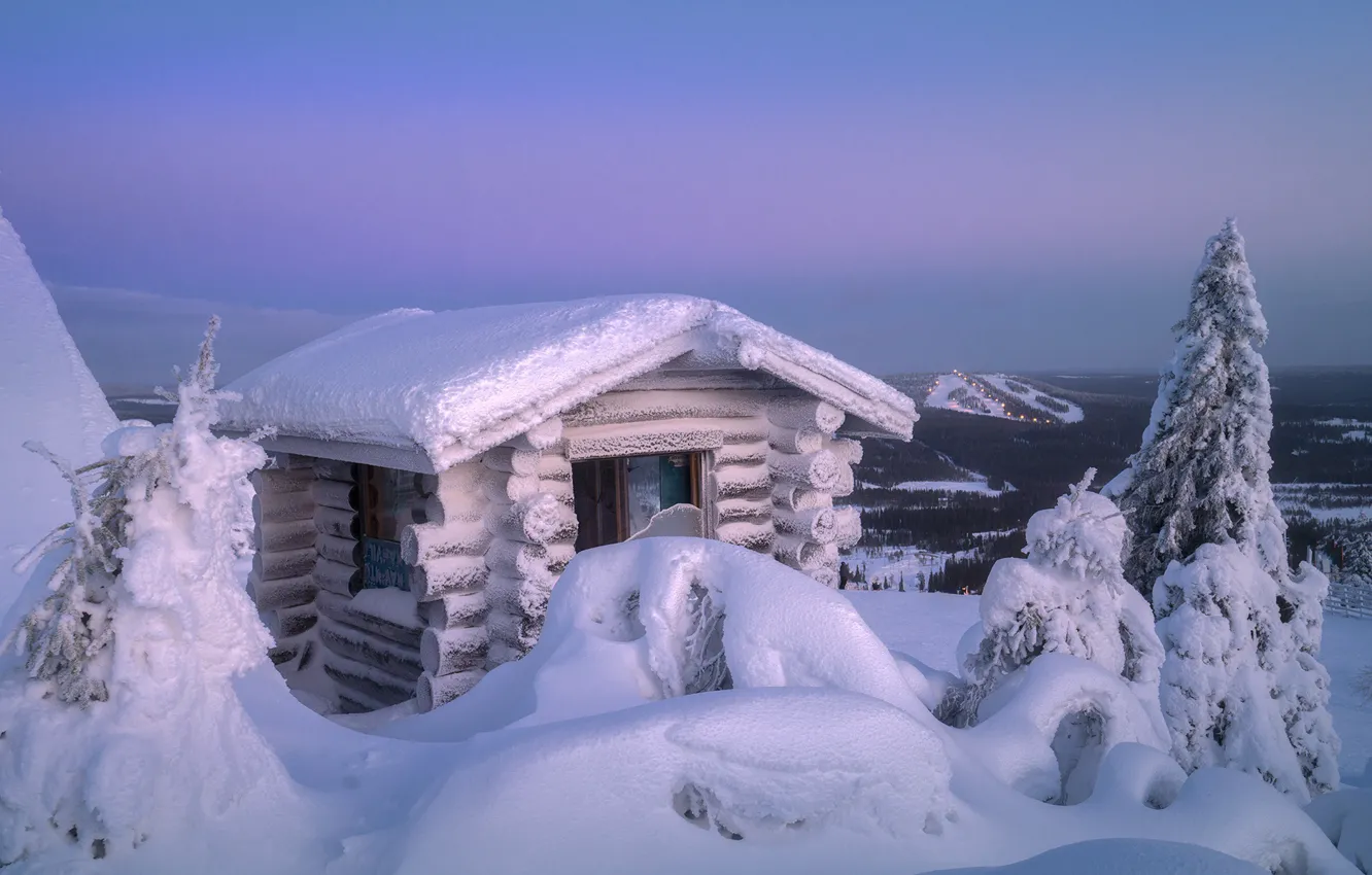 Photo wallpaper winter, snow, trees, landscape, nature, dawn, hut, morning