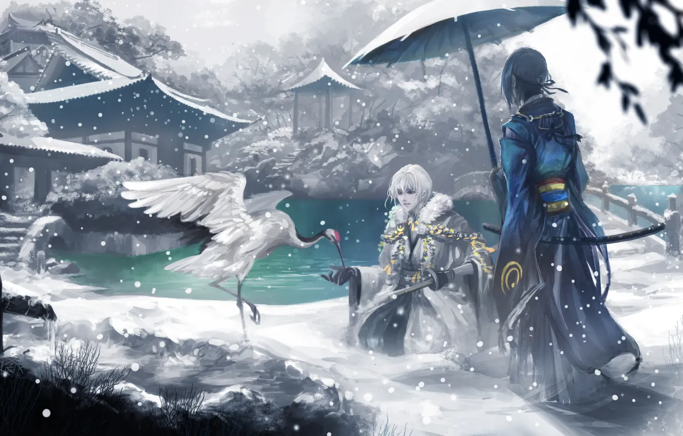 Photo wallpaper winter, snow, home, art, stork, male, Touken Ranbu, Tsurumaru Kuninagas
