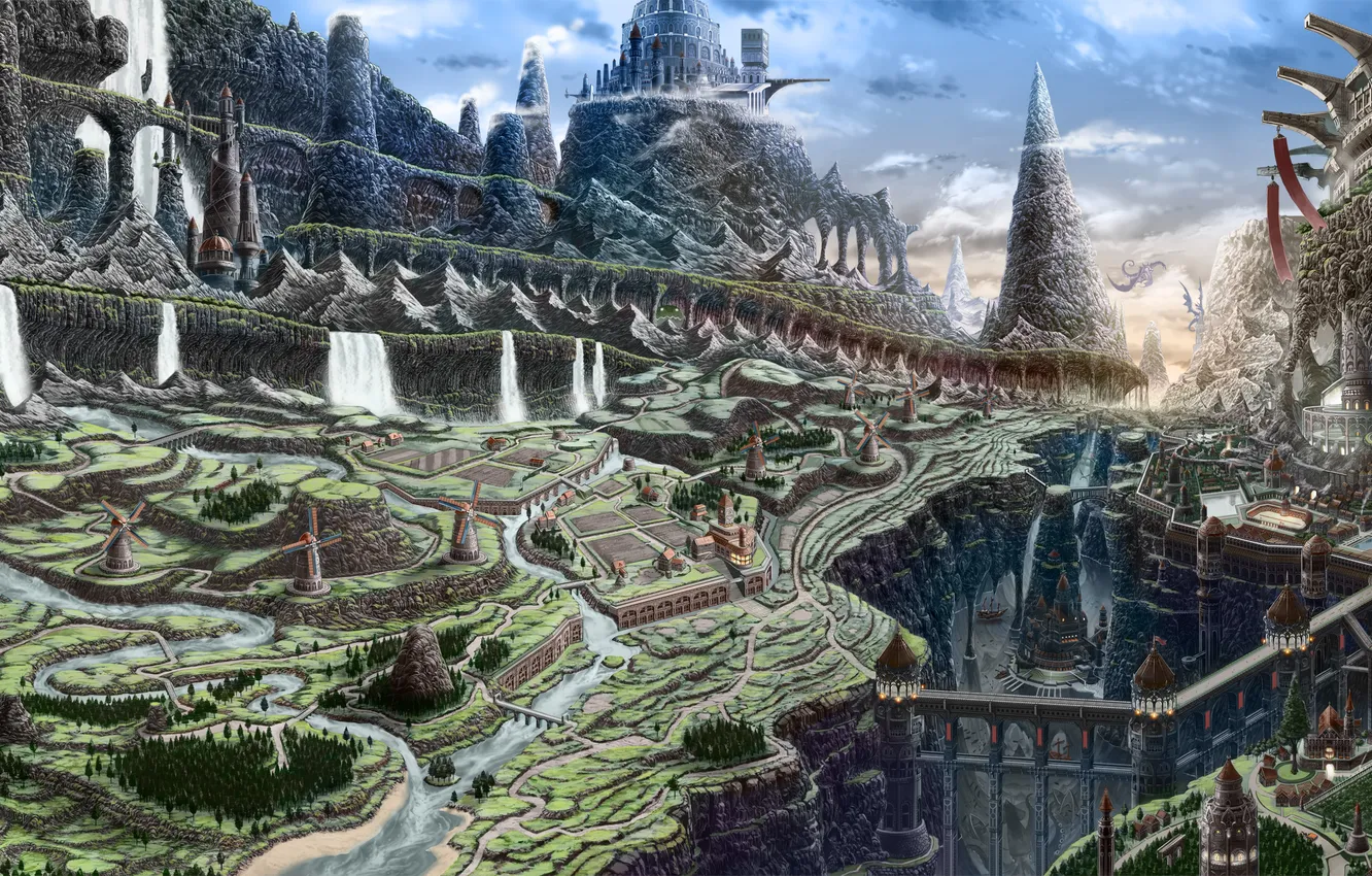 Photo wallpaper landscape, mountains, the city, river, dragon, waterfall, art, like itsuki