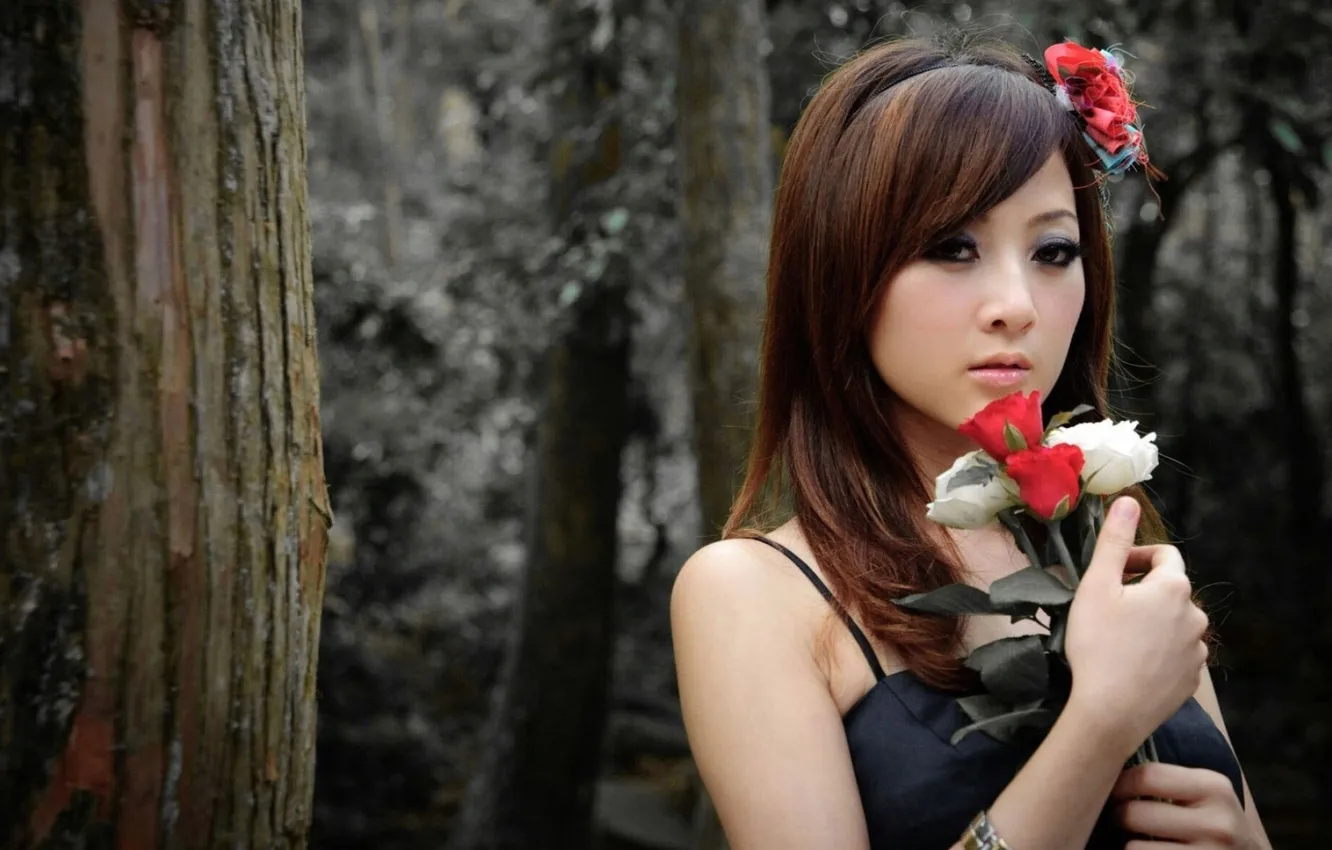 Photo wallpaper girl, flowers, face, photo, hands, Asian, Mikako Zhang Kaijie