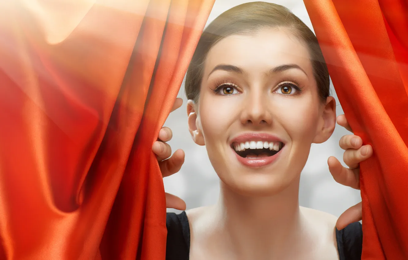 Photo wallpaper girl, joy, emotions, laughter, curtains, brown hair, brown-eyed