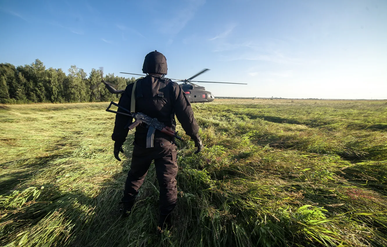 Photo wallpaper field, grass, fiction, frame, machine, helmet, form, helicopter