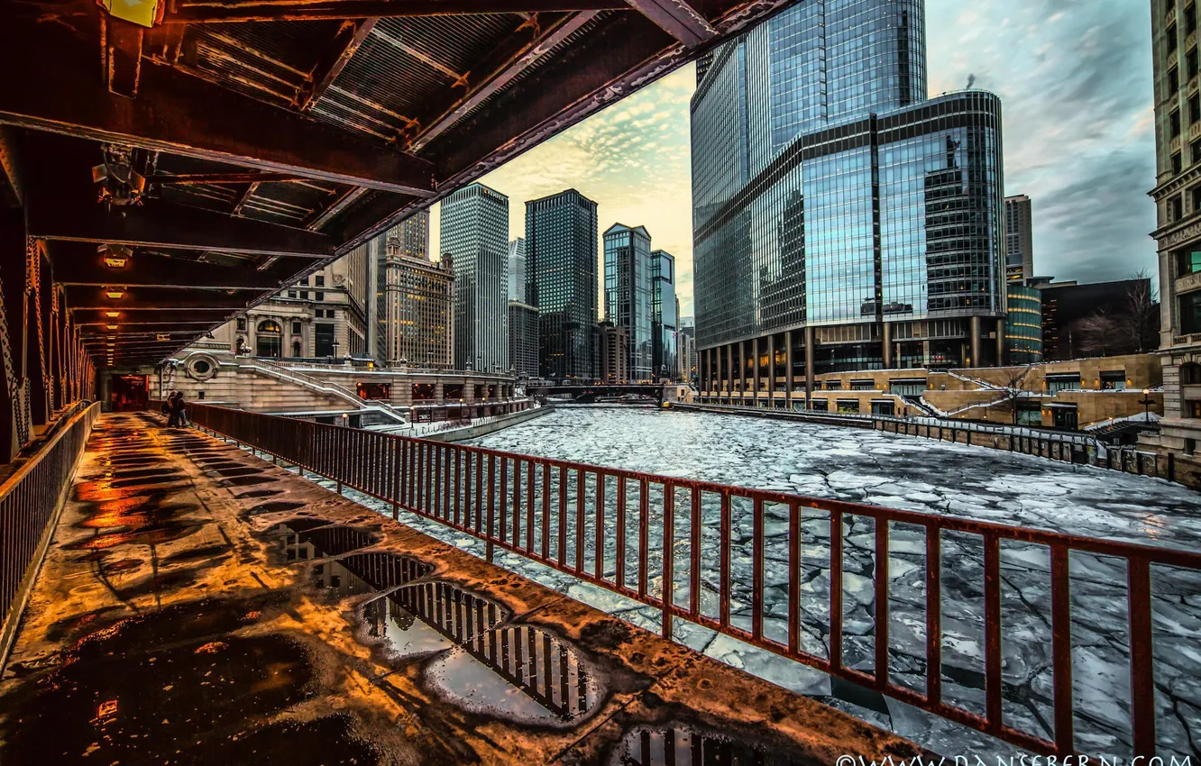 Photo wallpaper winter, lights, river, ice, skyscrapers, the evening, Chicago, USA