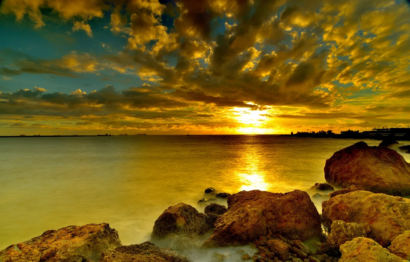 Photo wallpaper sea, clouds, sunset, stones, shore
