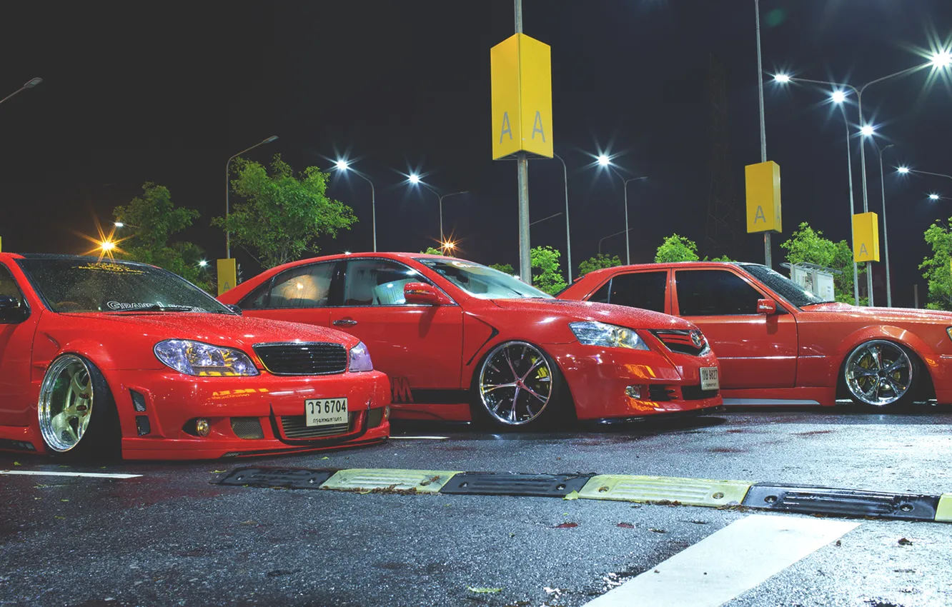 Photo wallpaper night, Parking, red, toyota, Toyota, parking