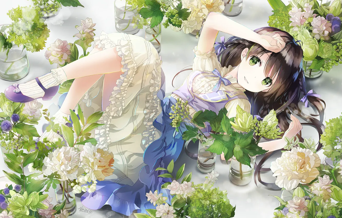 Photo wallpaper shoes, flowers, bouquet, girl, Bank, lies, braids, bow