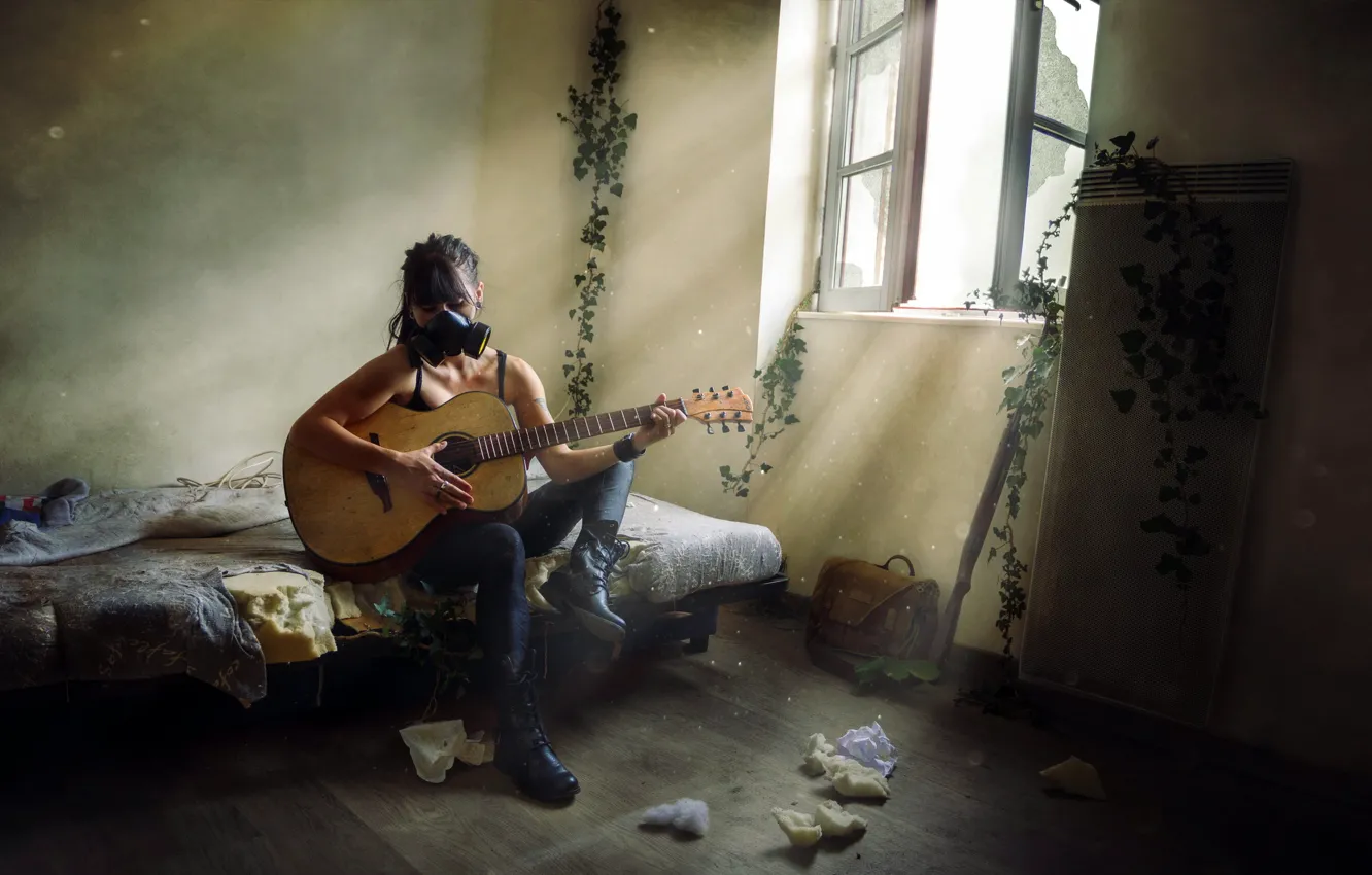 Photo wallpaper girl, guitar, gas mask