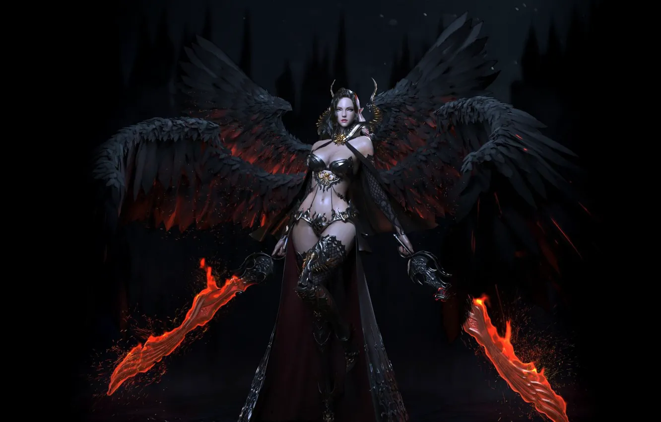 Photo wallpaper weapons, good and evil, the game, armor, angels, game, black background, demons