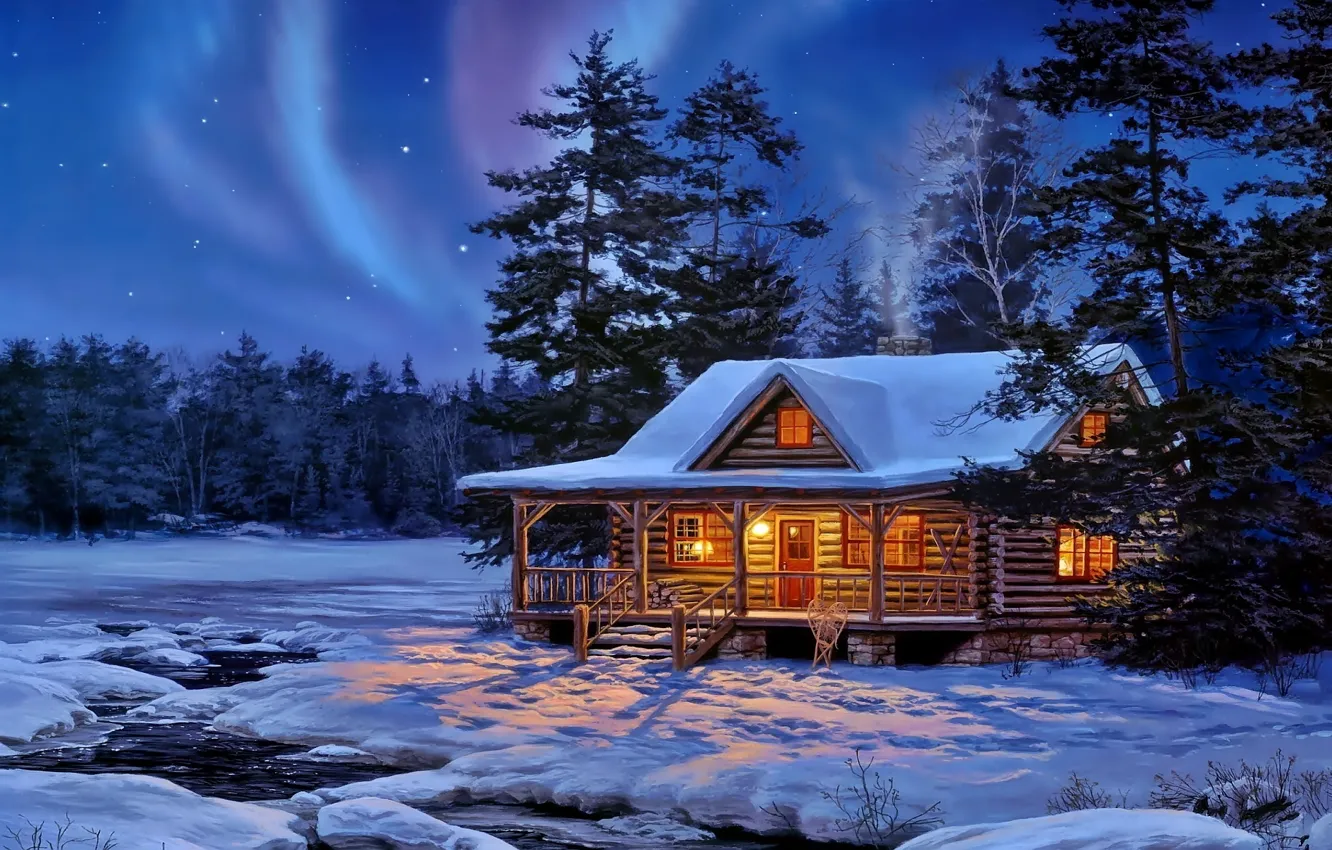Photo wallpaper house, winter, snow, Forest