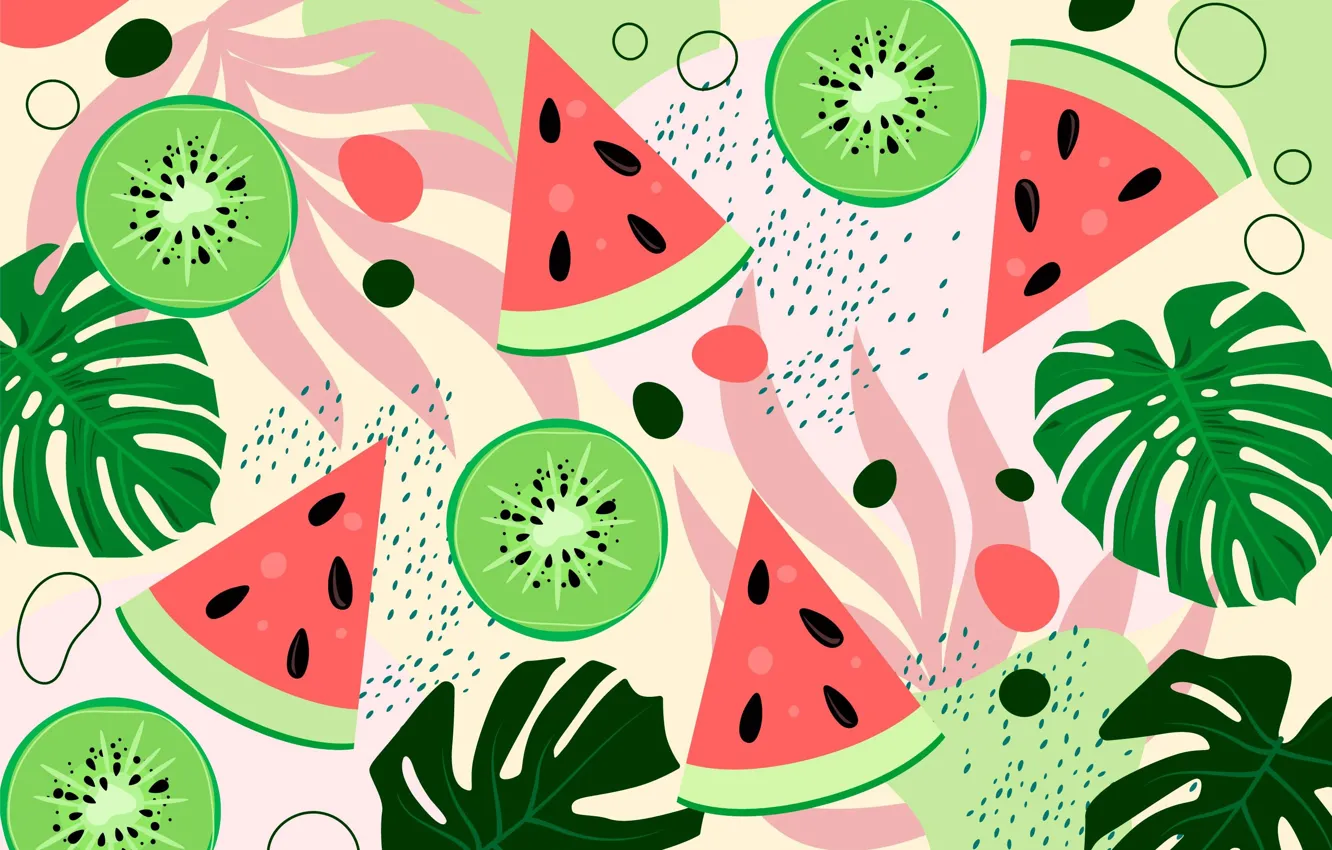 Photo wallpaper leaves, texture, watermelon, kiwi, pattern, fruit, seeds, monster