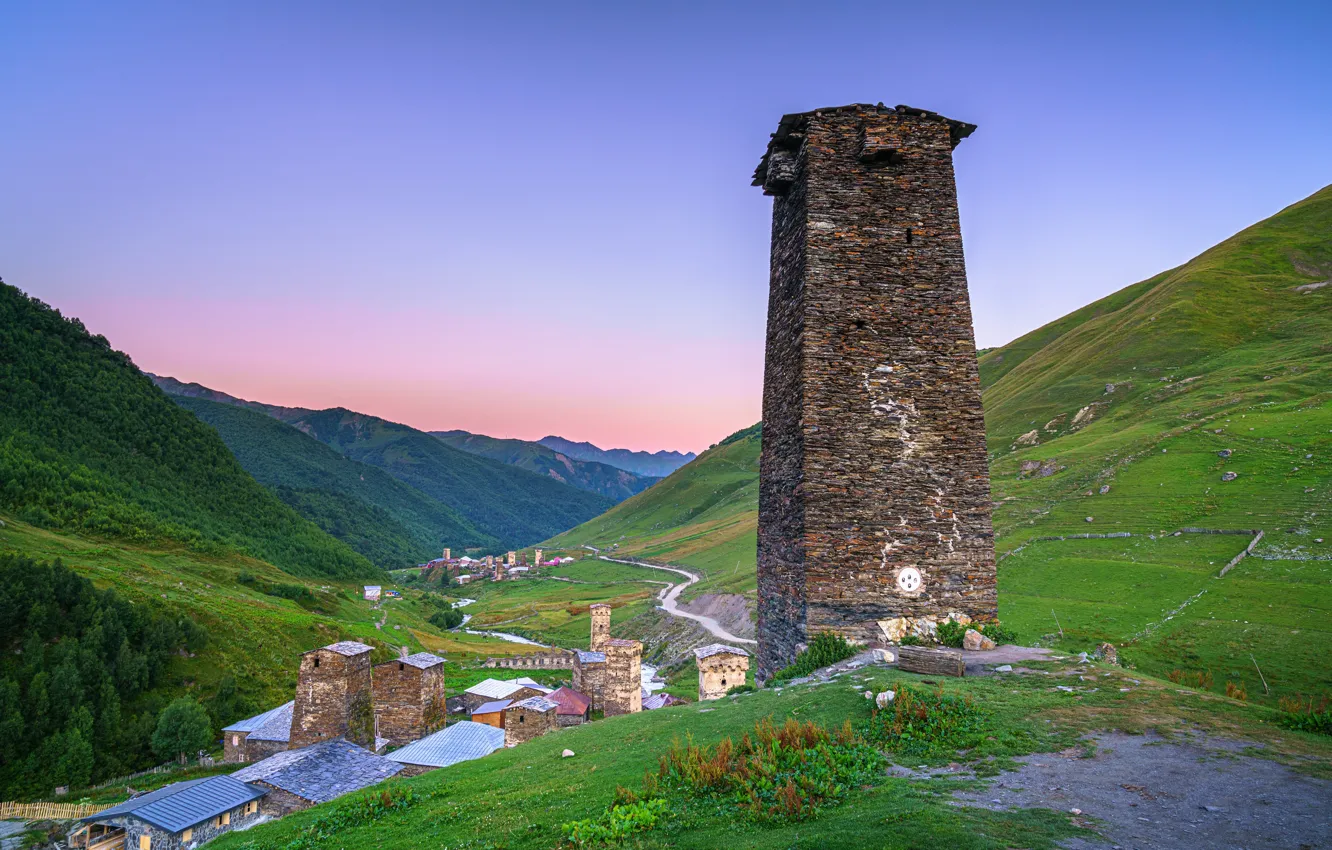 Photo wallpaper mountains, tower, Georgia, Upper Svaneti, Ushguli