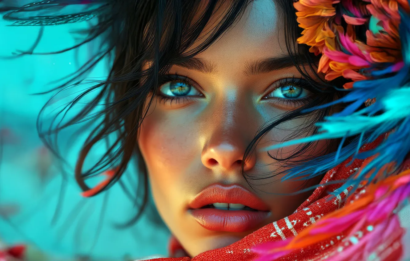 Photo wallpaper look, girl, flowers, face, portrait, shawl, AI art, neural network