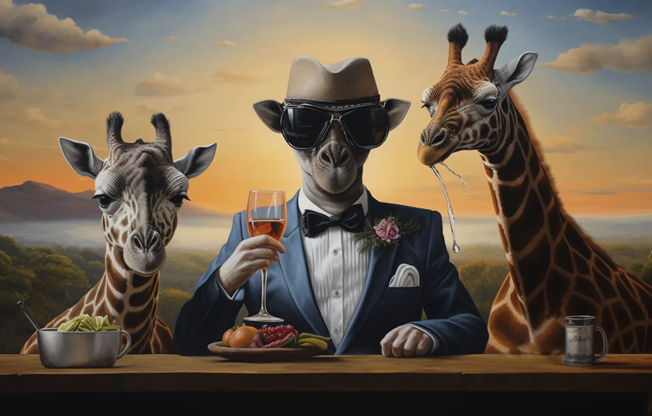 Photo wallpaper fantasy, giraffe, camel, beast, company, trio, sunglasses, AI art