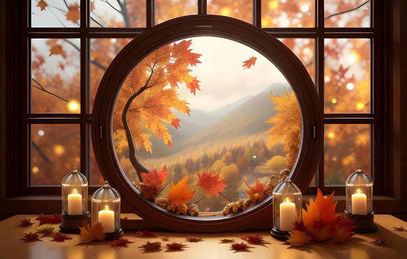 Photo wallpaper autumn, circles, table, foliage, candles, window, AI art, neural network