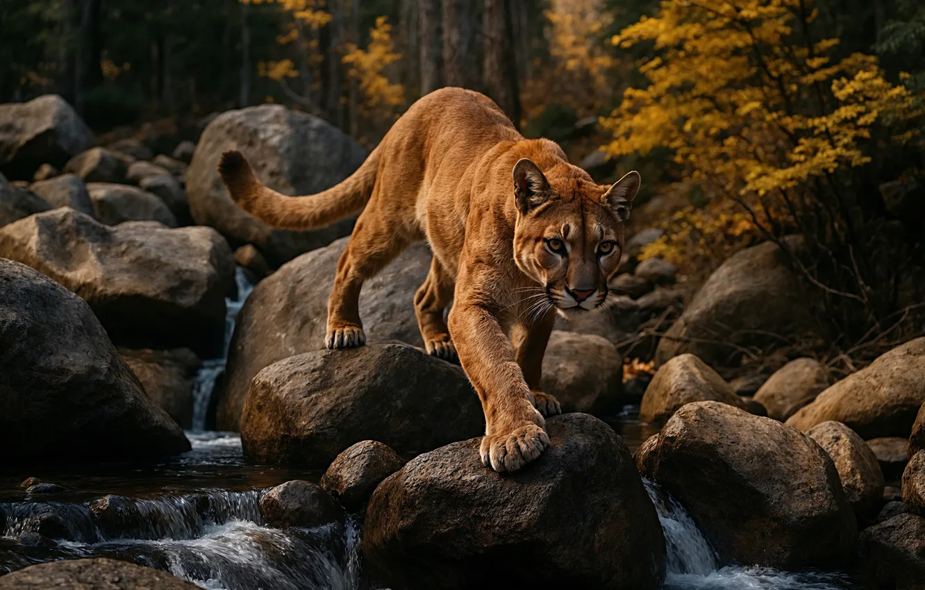 Photo wallpaper autumn, forest, look, face, nature, pose, stones, shore