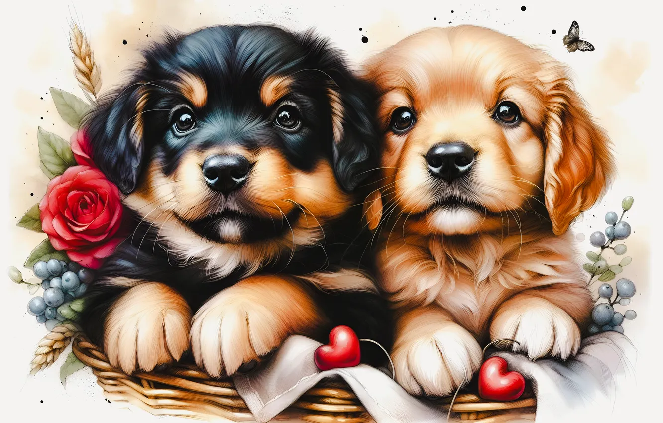 Photo wallpaper look, flowers, portrait, roses, dog, puppy, face, a couple