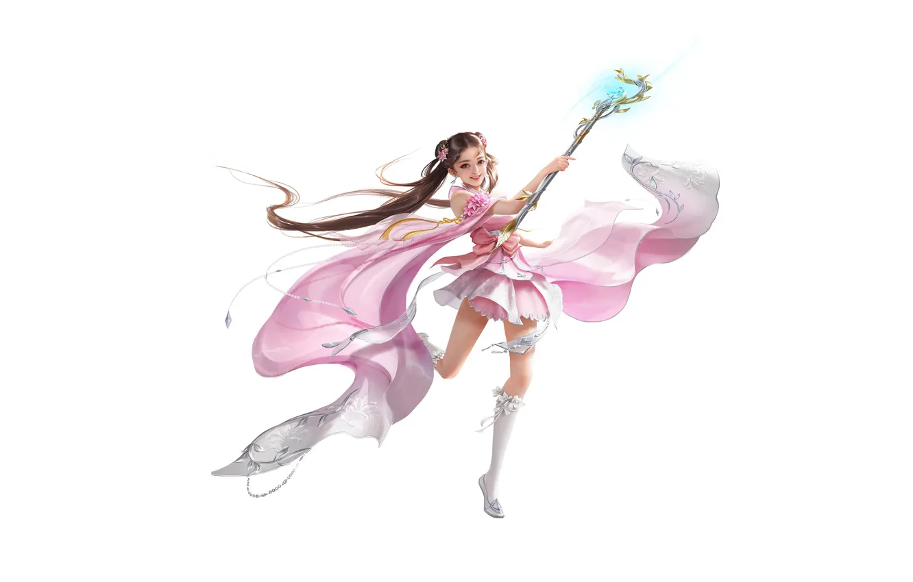 Photo wallpaper girl, fantasy, dress, style, art, background, Minimalism, staff