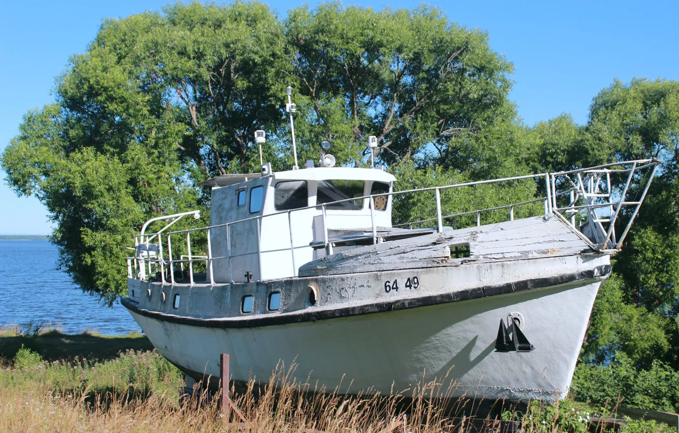 Photo wallpaper landscape, river, shore, boat