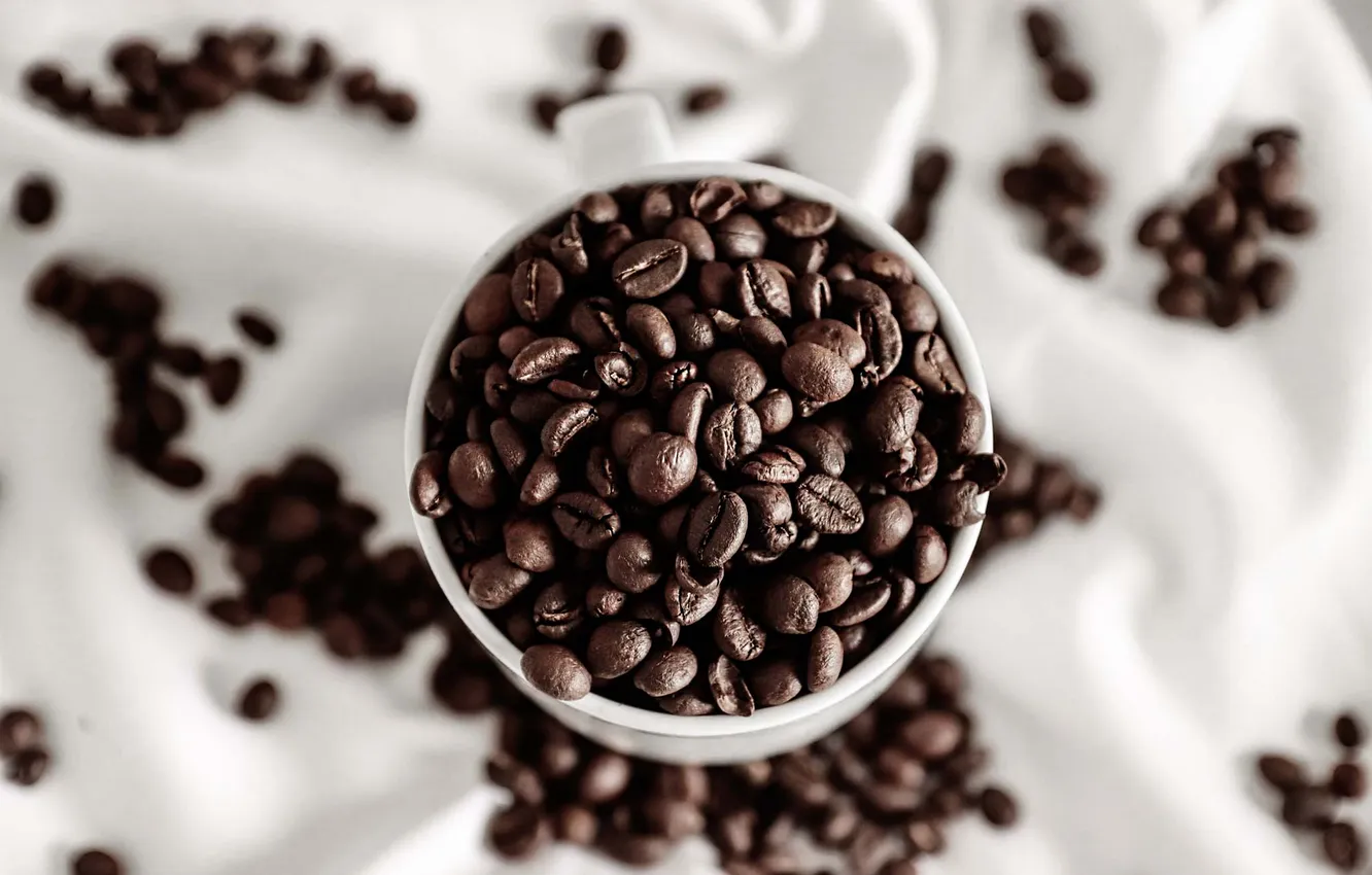 Photo wallpaper coffee, grain, Cup, white background, fabric, placer, coffee beans, bokeh