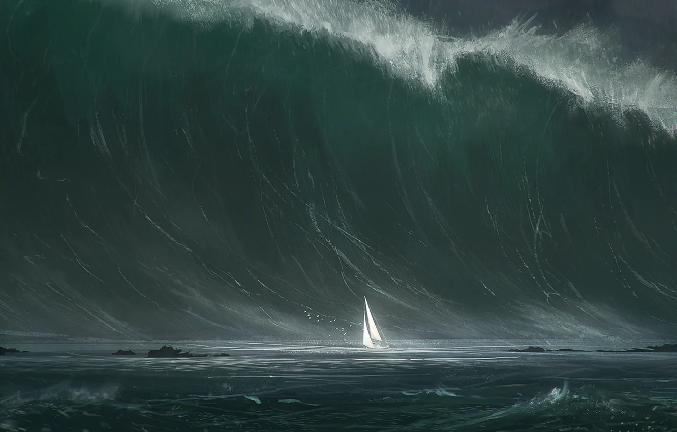 Photo wallpaper sea, storm, wave, ship, sail