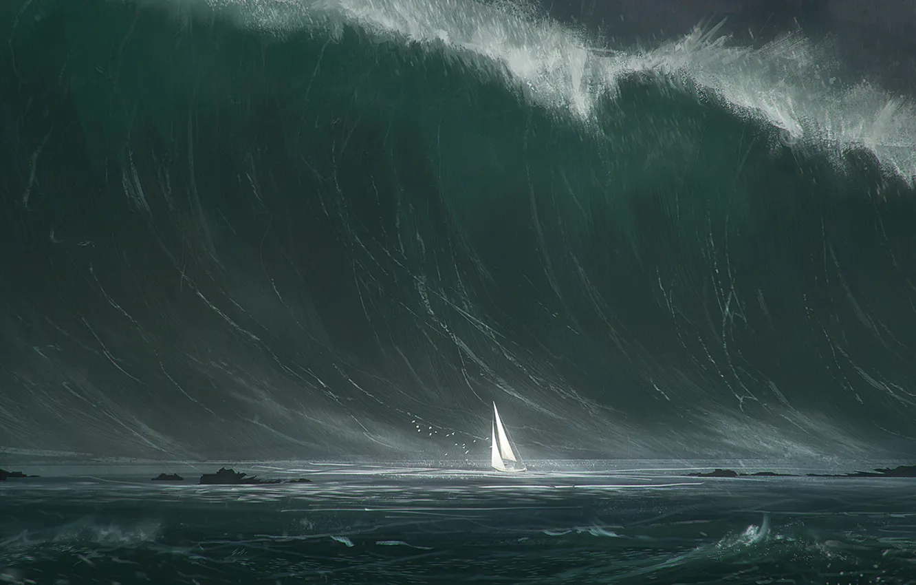 Photo wallpaper sea, wave, storm, ship, sail