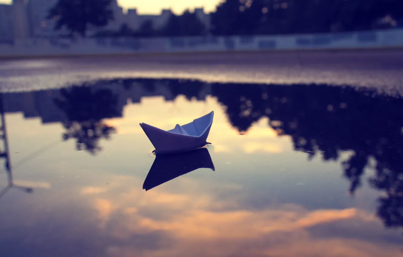 Photo wallpaper the sky, clouds, sunset, reflection, the evening, puddle, paper boat