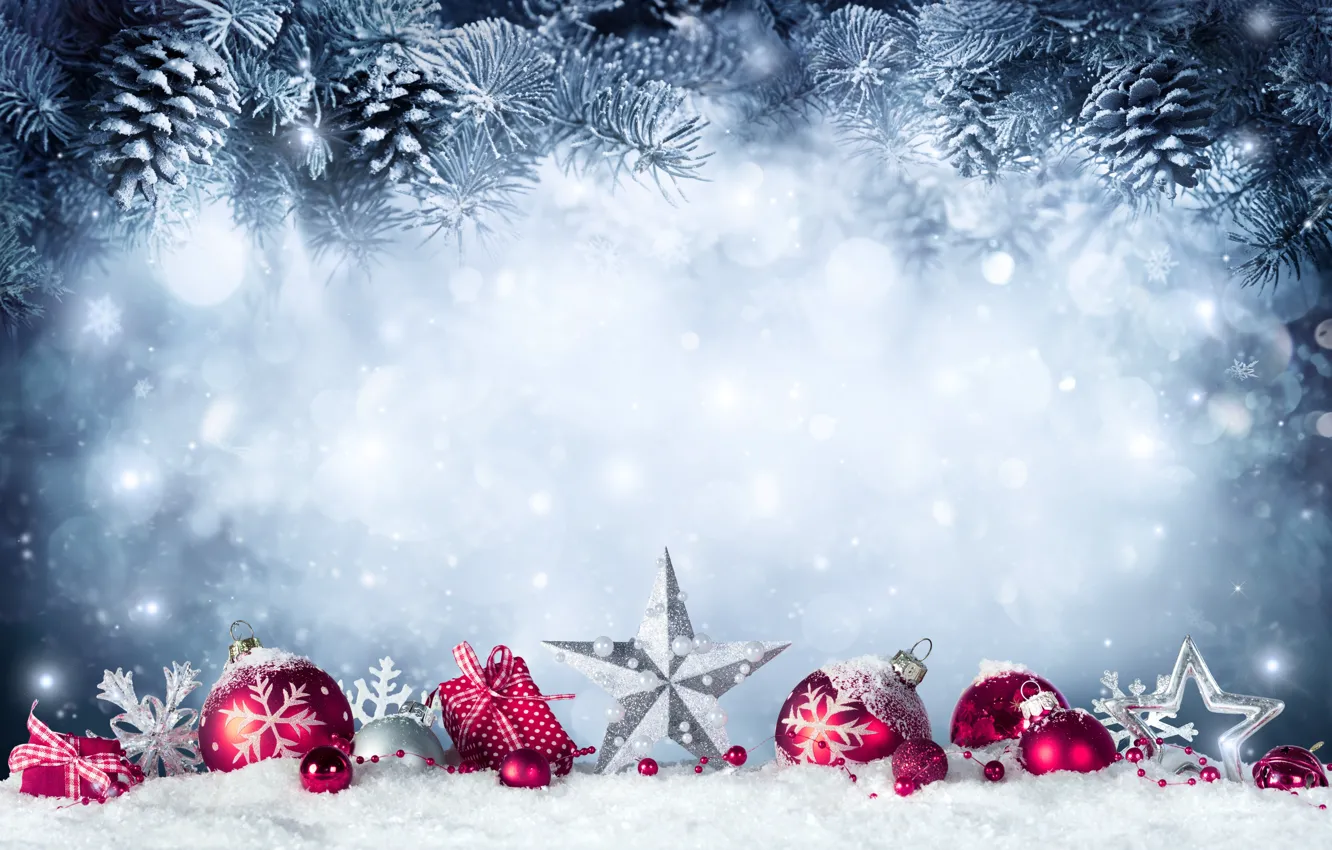 Photo wallpaper New Year, Christmas, christmas, balls, winter, snow, merry christmas, gift